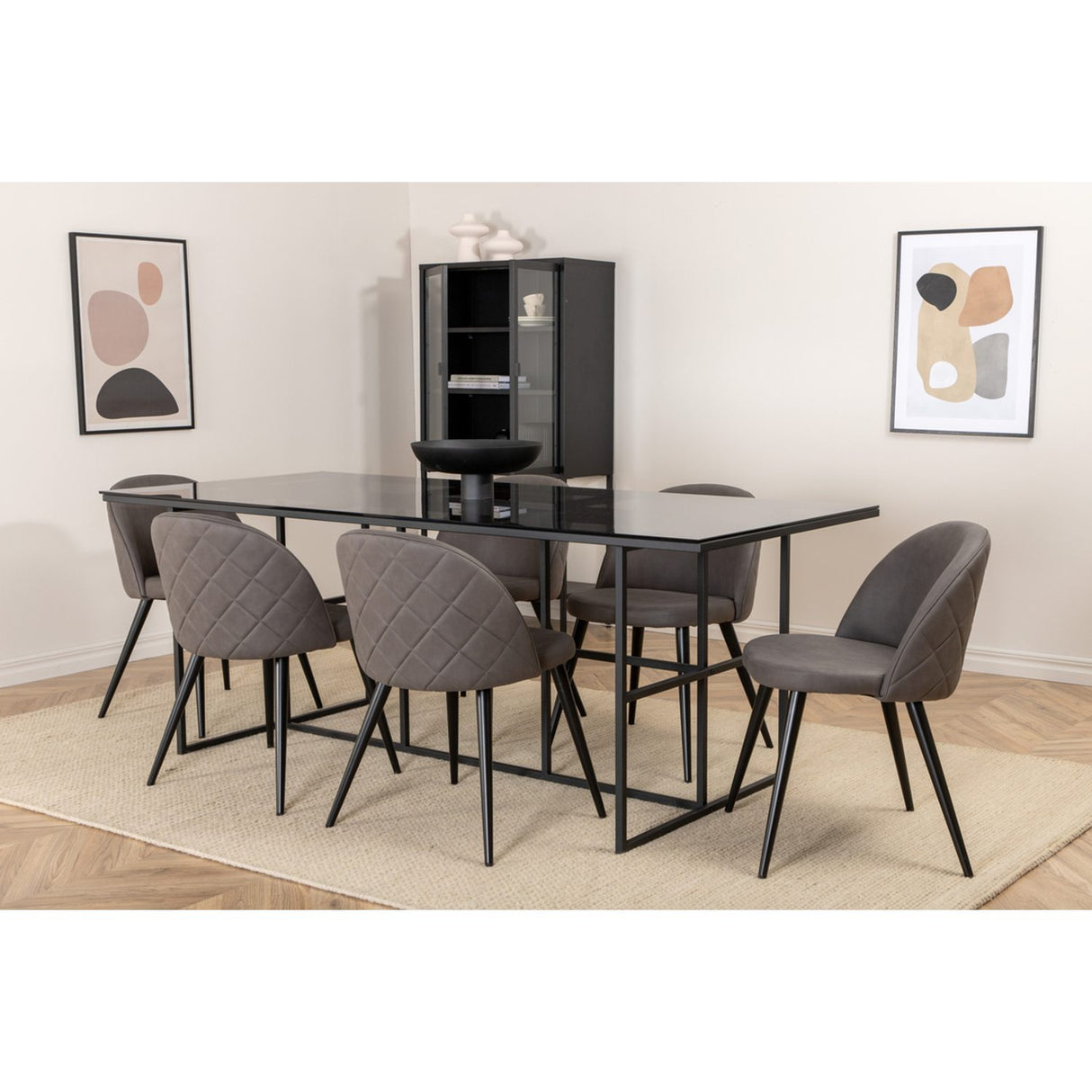Leif, Velvet Rektangulär matgrupp Svart,Grå, Svart, 200 x 90