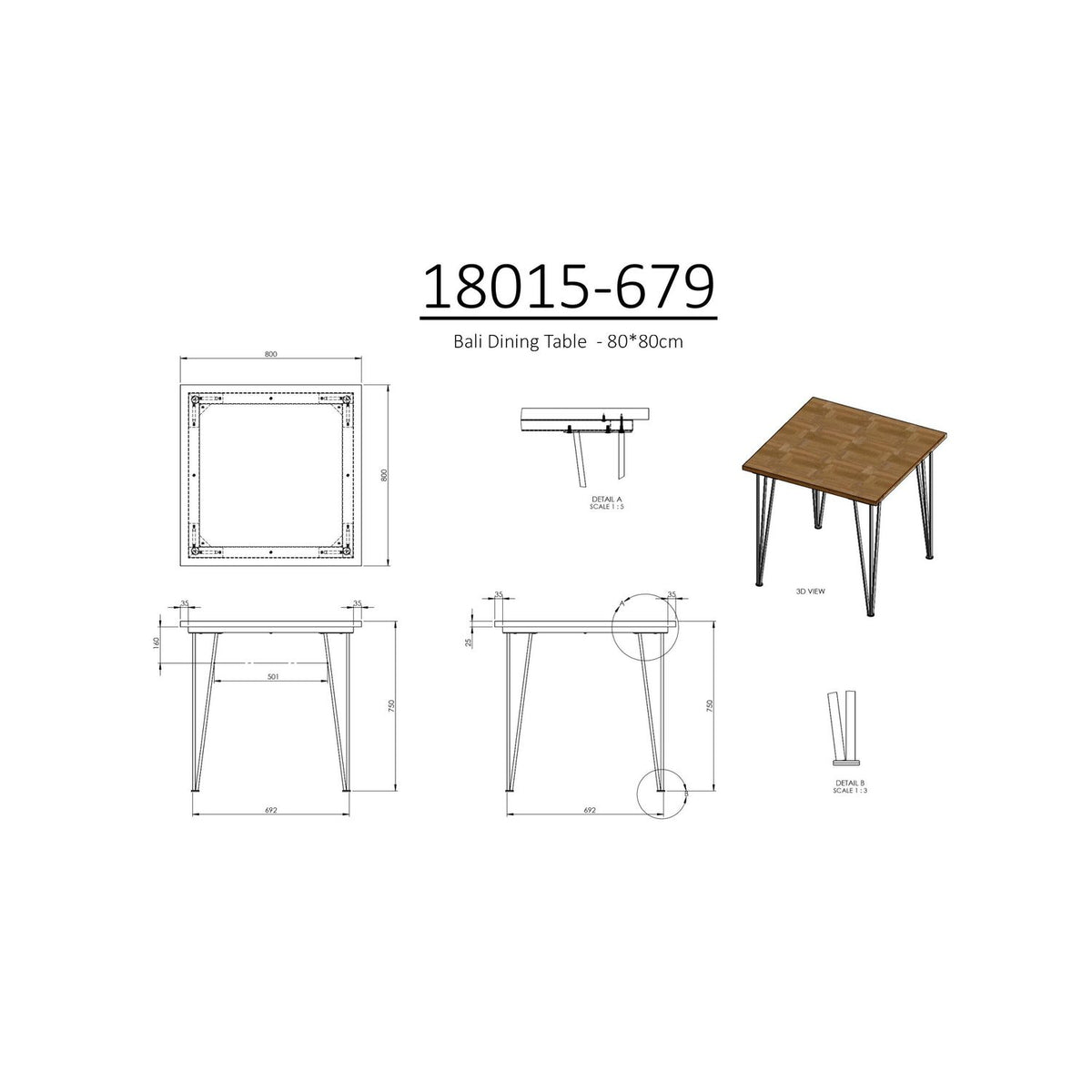 Bali Rektangulärt matbord Natur, 75 x 80 x 80