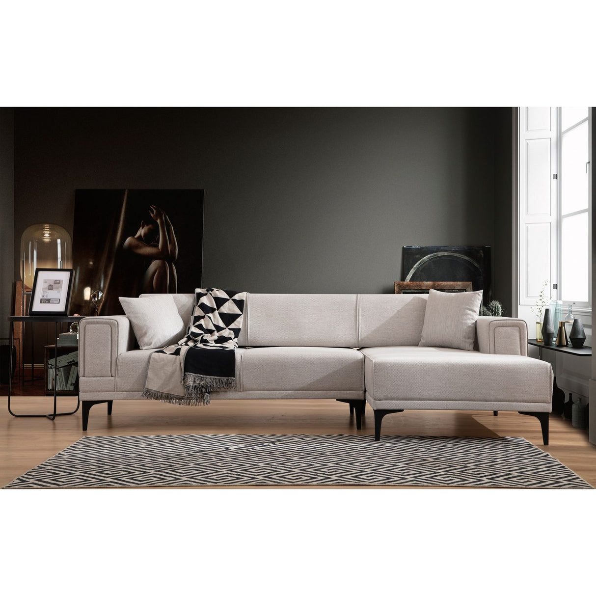 Hanoi (250-140 x 85 x 77 cm) Hörnsoffa-bäddsoffa Ecru, Höger