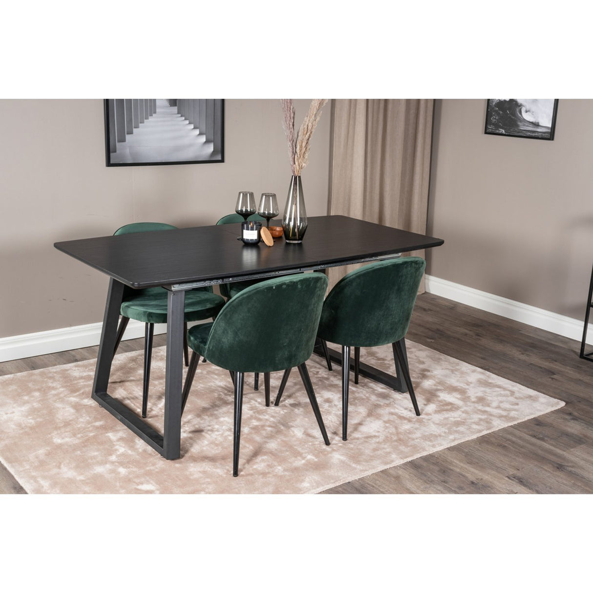Inca, Velvet Rektangulär matgrupp Svart,Grön, Svart, 160 x 85