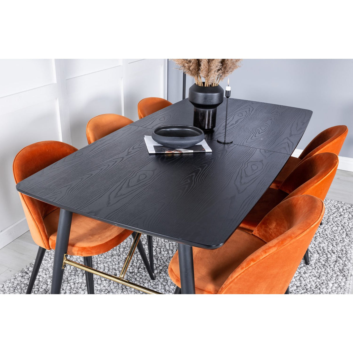 Guld, sammet Rektangulär matgrupp Svart, rostig orange, Svart, 180 x 85