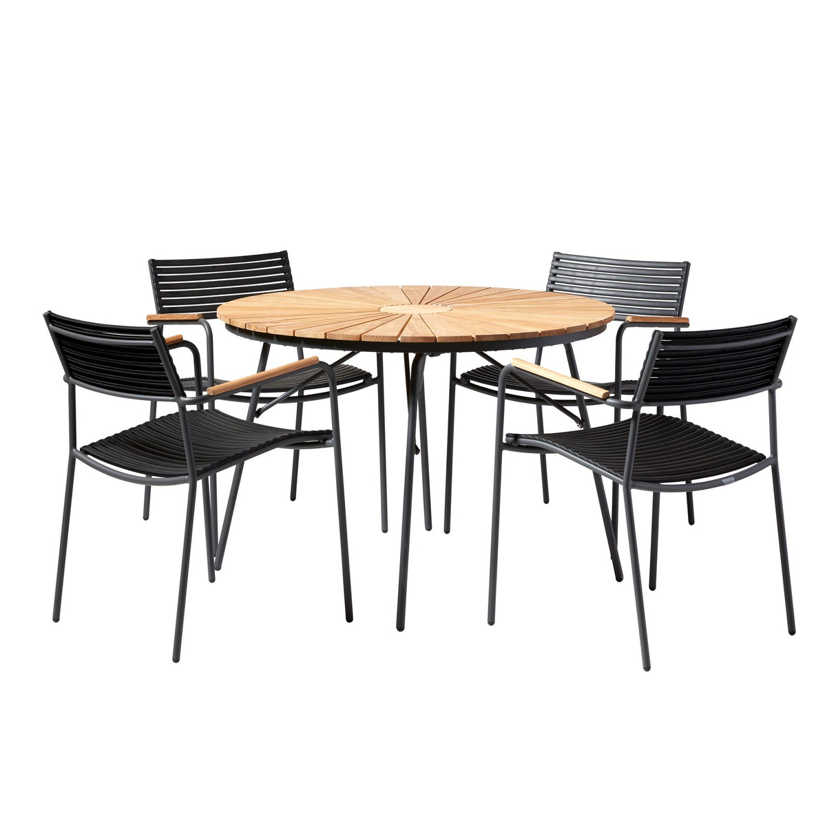 Ellen och Mood Air Trädgårdsmöbelset i Teak och Aluminium Antracit 110 cm + 4 stolar