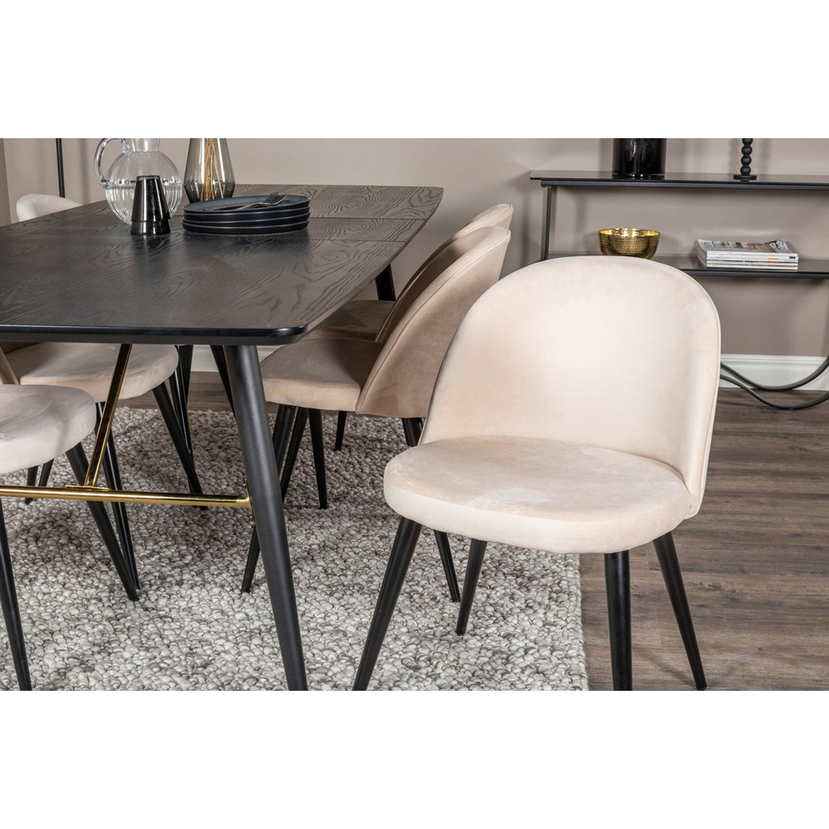 Gold, Velvet Rektangulär matgrupp Beige,svart, Svart, 180 x 85