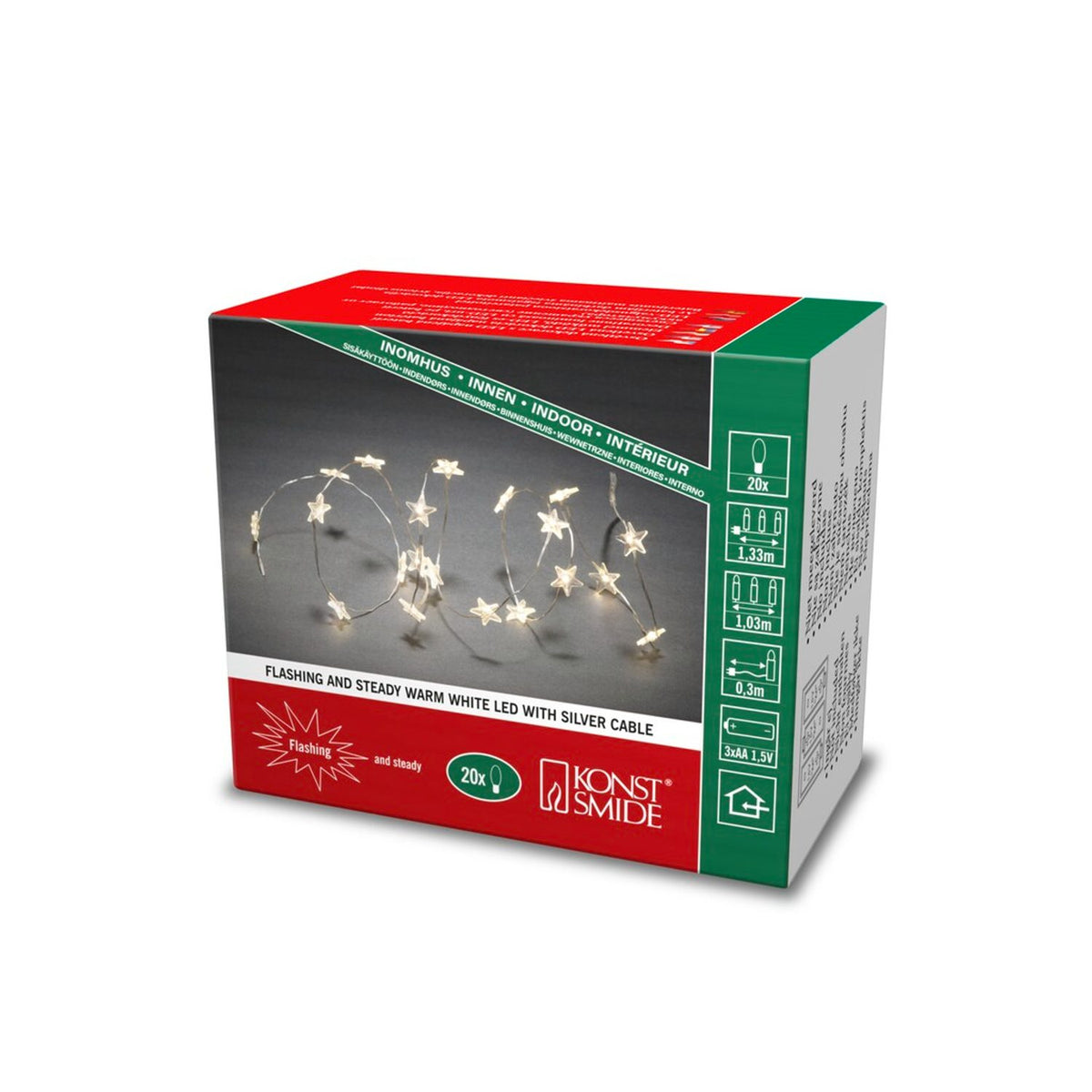 20 Stjärnor Varmvit LED fast/blink Ljusslinga Inomhus