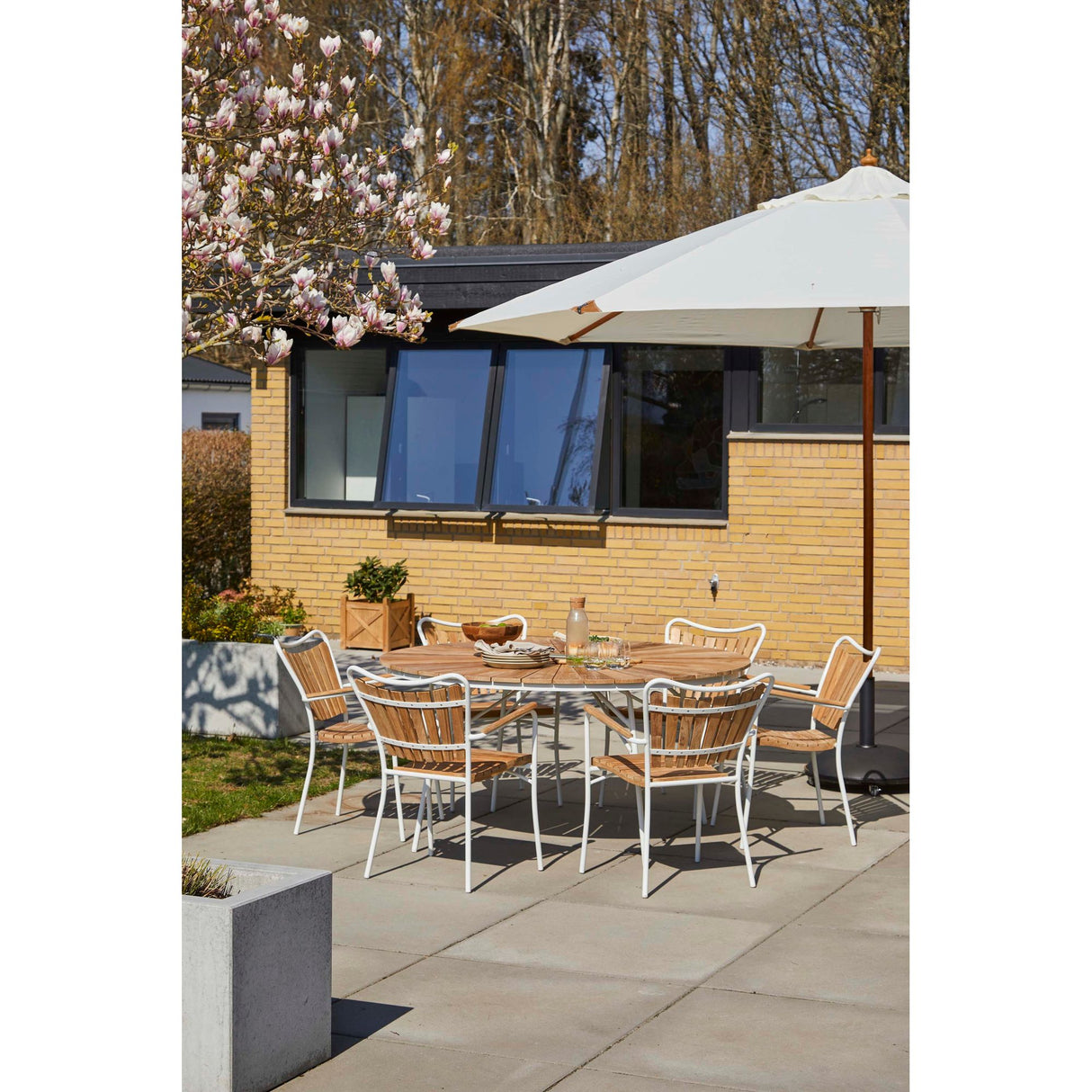 Ellen Trädgårdsmöbelset i Teak och Aluminium 150 cm + 6 stolar, Vit