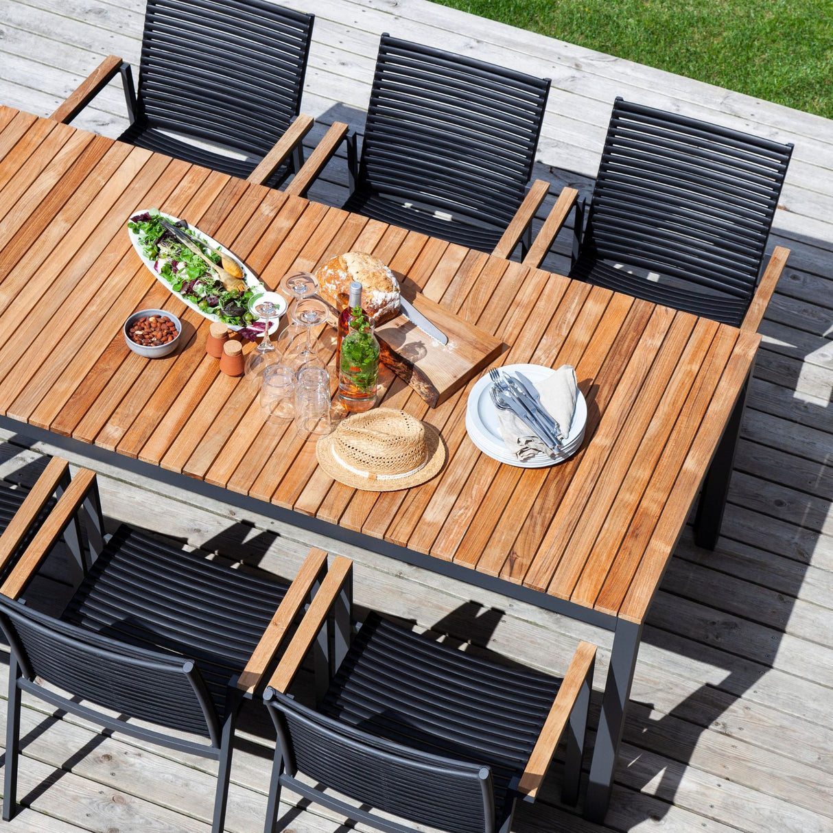 Mood/Mood Extreme Trädgårdsmöbelset i Teak och Aluminium Antracit 208 cm + 6 stolar