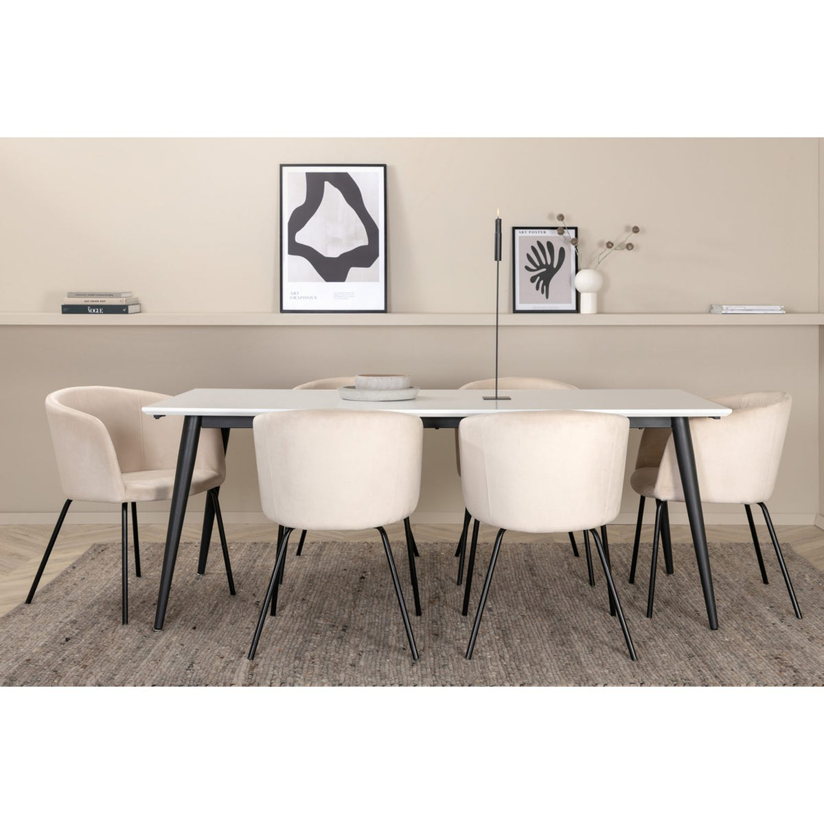 Jimmy, Berit Rektangulär matgrupp Beige, Svart, Svart,Vitt, 195 x 90