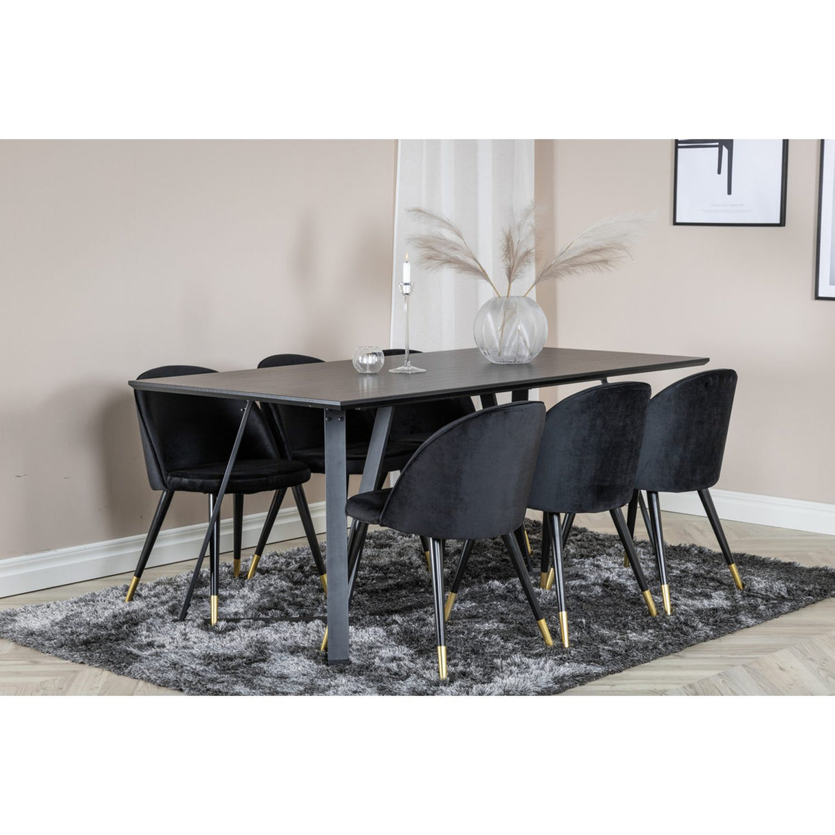 Marina, Velvet Rektangulär matgrupp Svart,Guld, Svart, 180 x 90