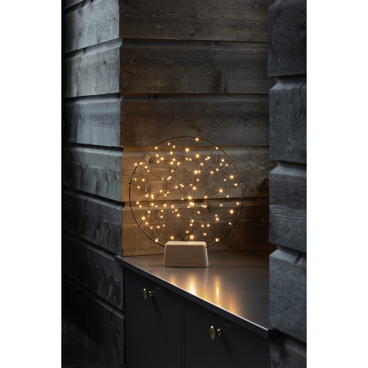 Rund Svart Metall/träbas amber micro-LED Stående Ljusdekoration Inne 100 Lampor