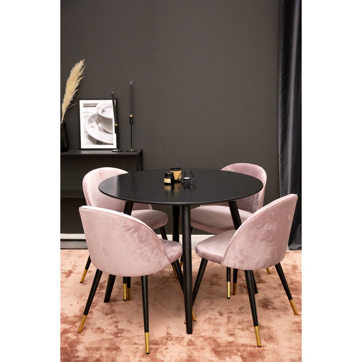 Plaza, Sammet Rund matgrupp Svart, Dammig rosa, Guld, Svart, ⌀100
