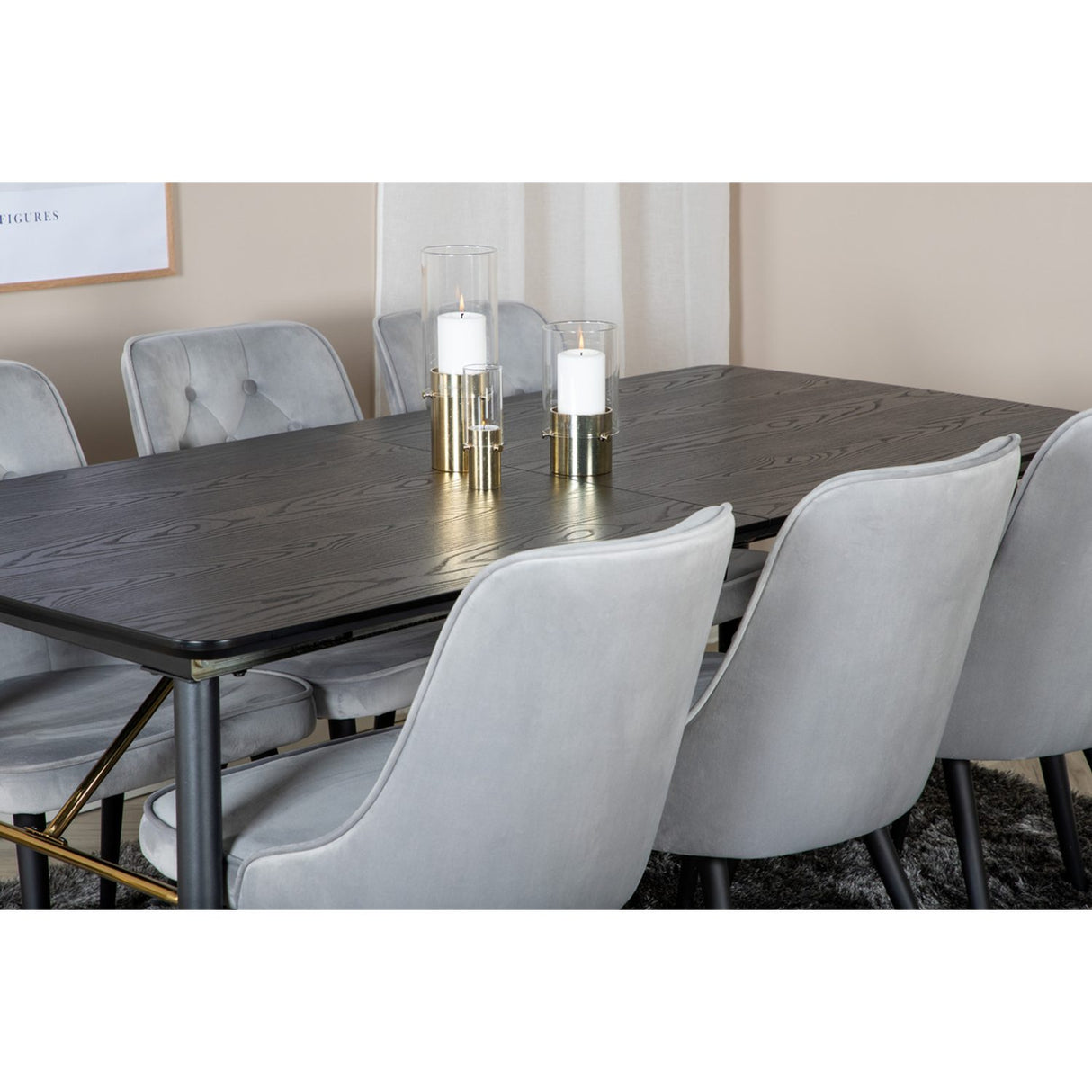 Gold, Velvet Deluxe Rektangulär matgrupp Svart,Ljusgrå, Svart, 180 x 85