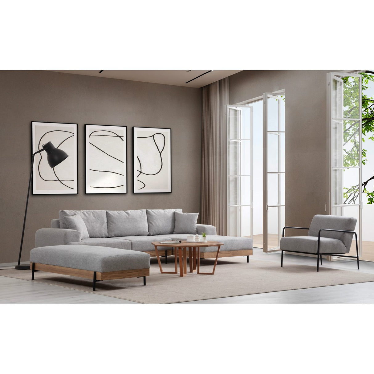 Kigali Oak (280-170 x 98 x 78 cm) Hörnsoffa Grå, Höger