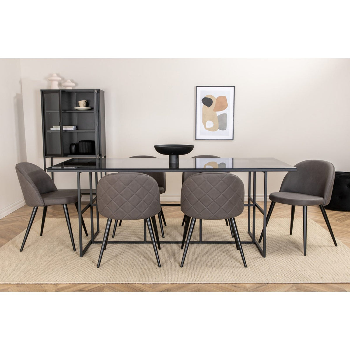 Leif, Velvet Rektangulär matgrupp Svart,Grå, Svart, 200 x 90
