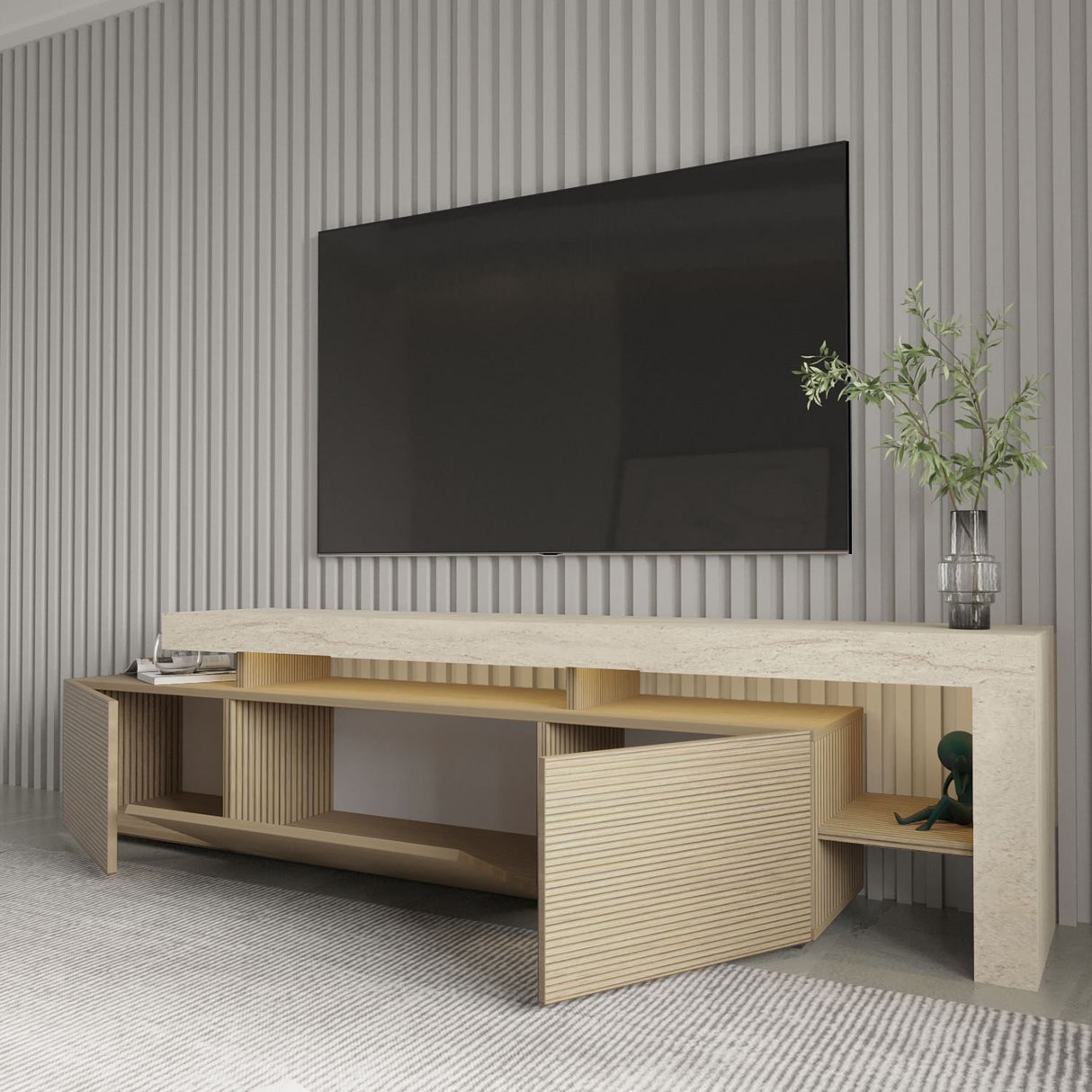 Accra (192 x 53 x 37 cm) TV-bänk Travertin, varm ek