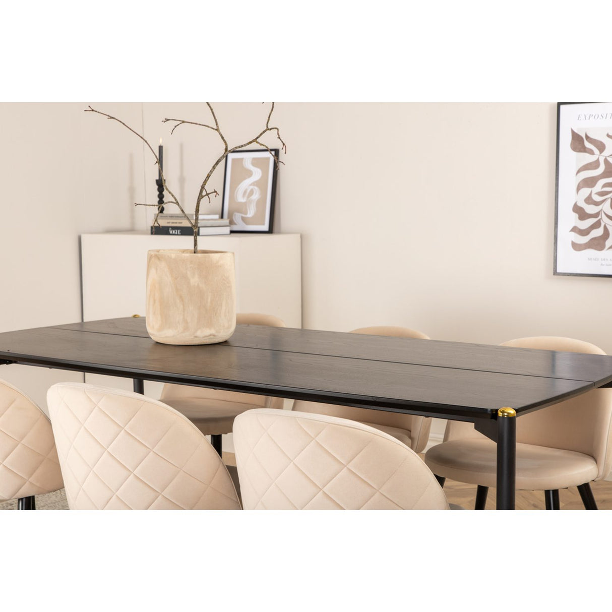 Pelle, Velvet Rektangulär matgrupp Beige, Svart, Svart, 190 x 90