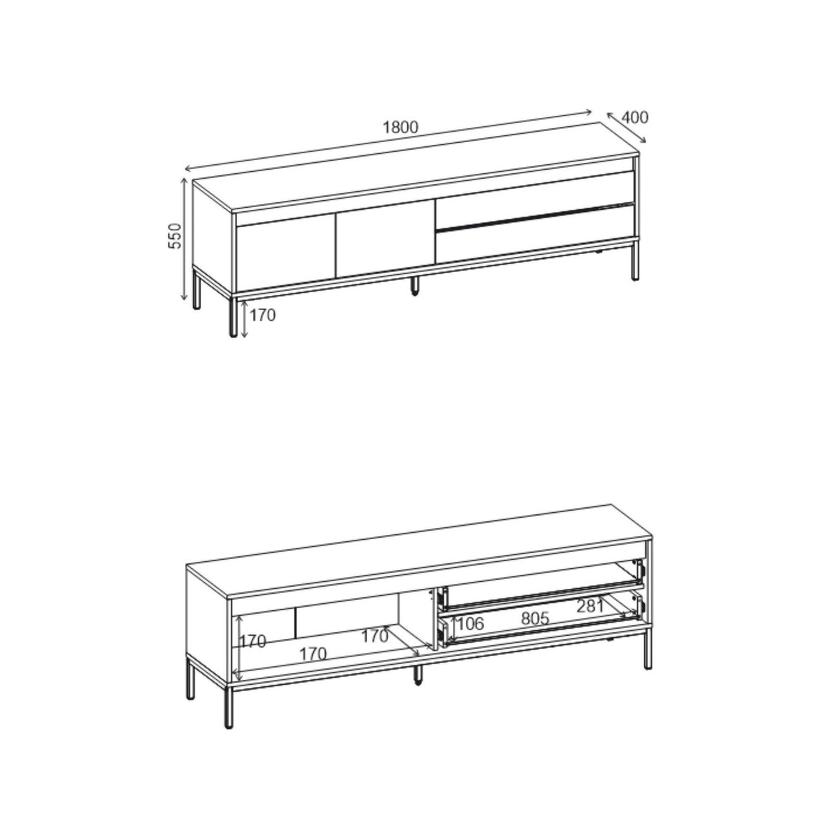 Lorenza (180 x 55 x 40 cm) TV-bänk Naturlig ekträ svart svart