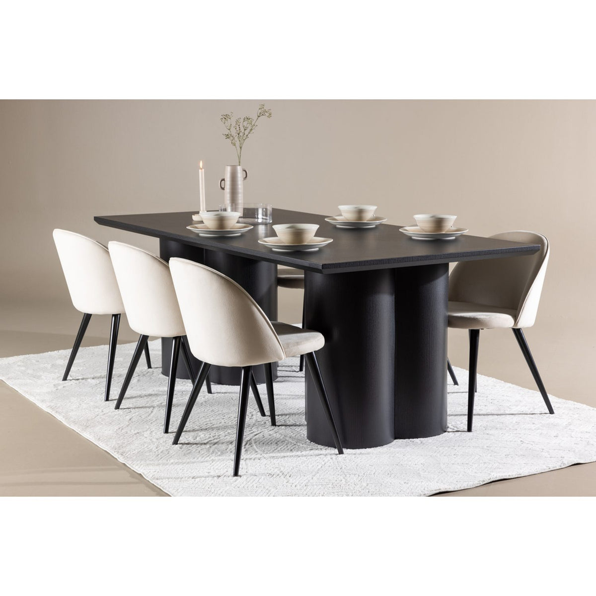 Olivia, Velvet Rektangulär matgrupp Beige, Svart, 6st