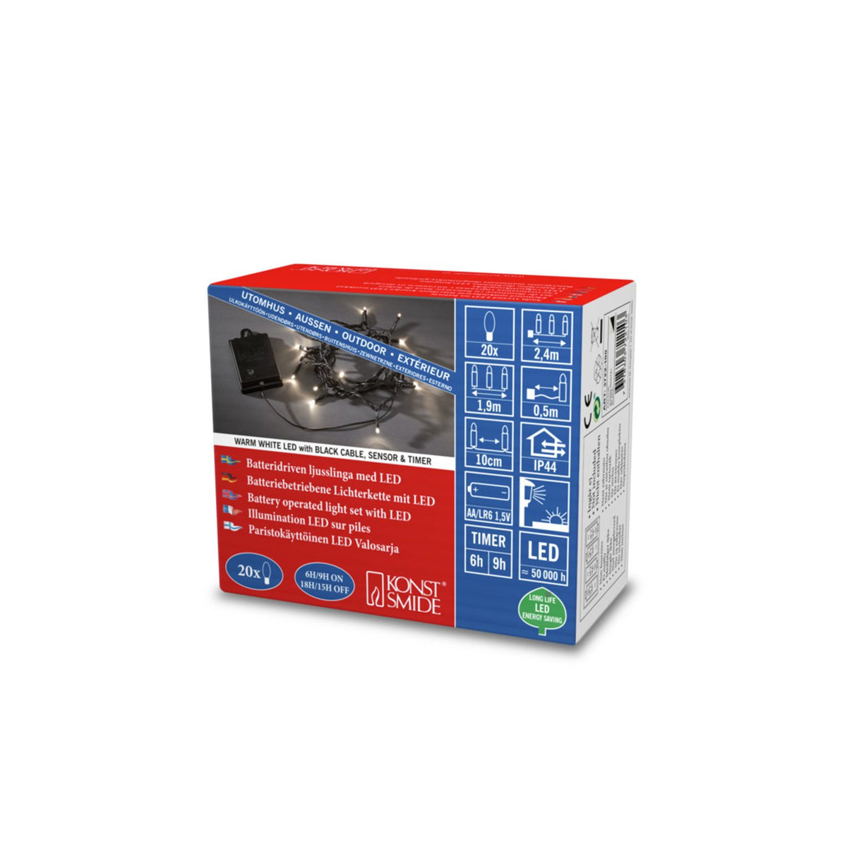 LED Skymningssensor och timer 6/9h Ljusslinga Ute Varmvit/Svart Kabel, 20 Lampor (1.9m)