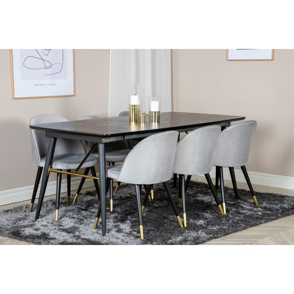 Gold, Velvet Rektangulär matgrupp Svart,Guld,Grå, Svart, 180 x 85