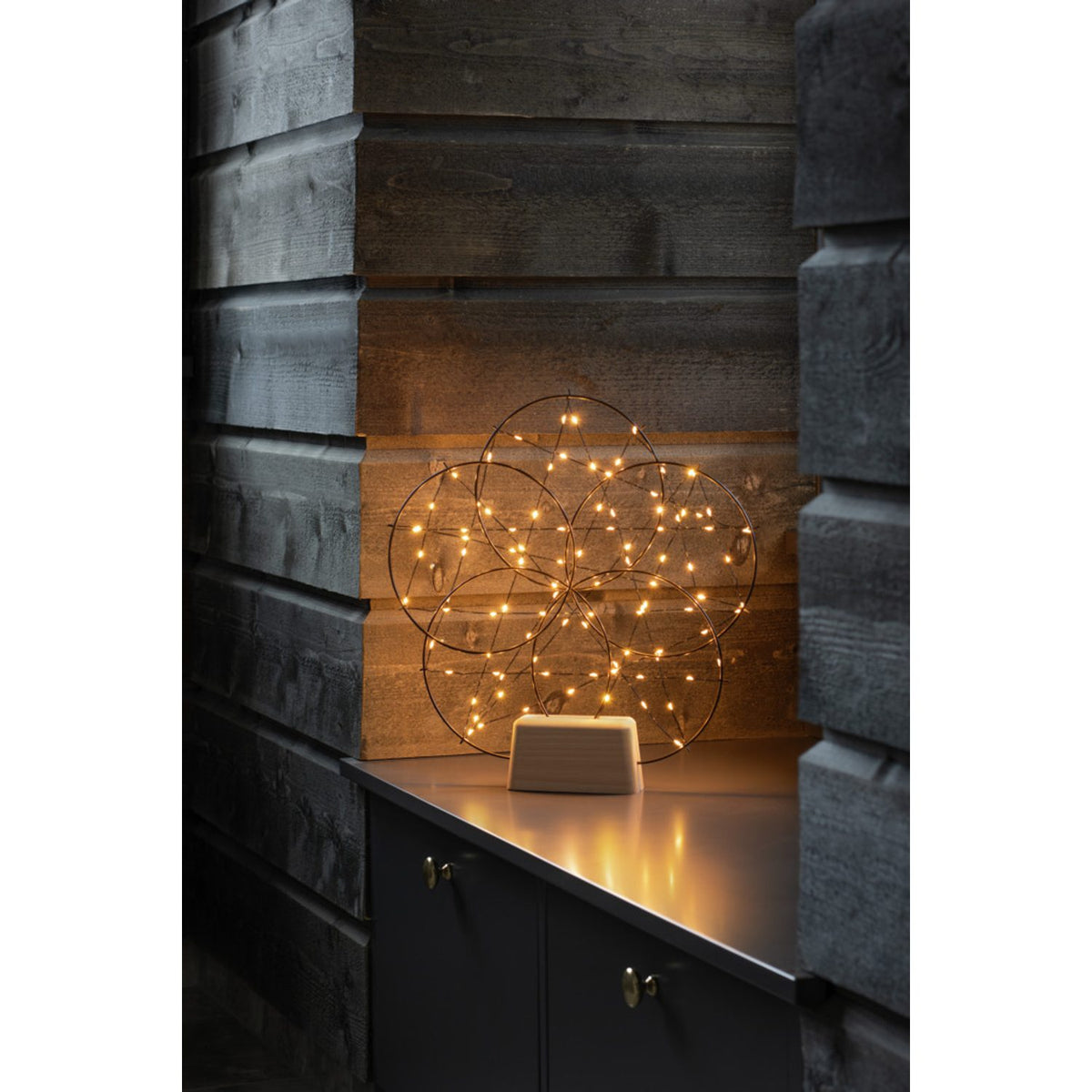 Rund Svart 5x Metall/träbas 100 amber micro-LED Stående Ljusdekoration Inne