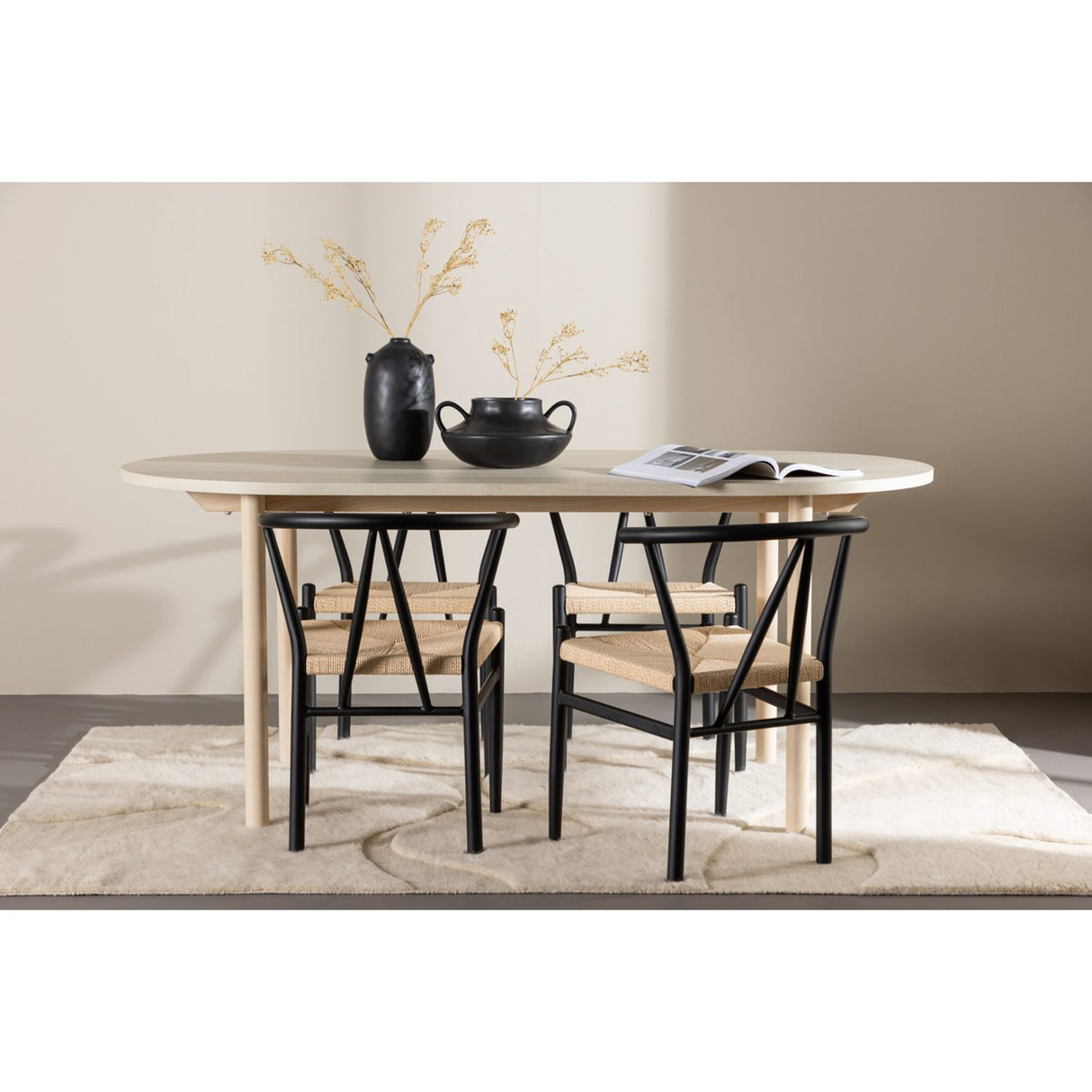 Andy, Alfons Ovalt matgrupp Svart, beige, Vitlaserad, 180 x 90