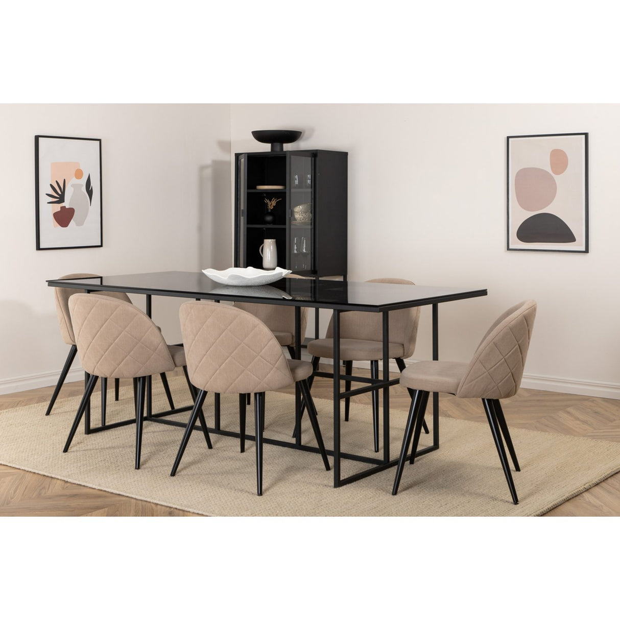 Leif, Velvet Rektangulär matgrupp Beige, Svart, Svart, 200 x 90