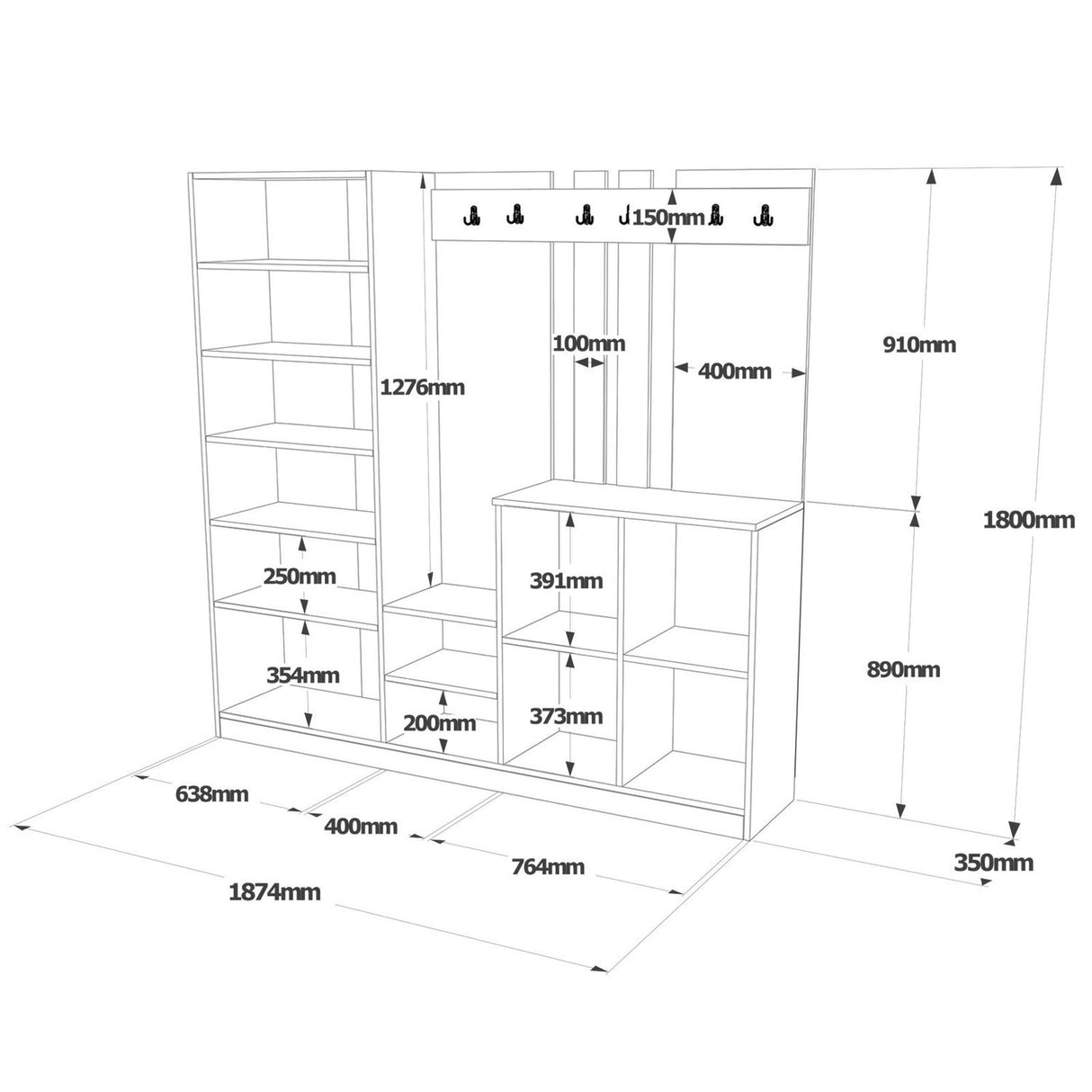 Zelino (187,2 x 180 x 37,5 cm) Hallstativ Atlantisk furu Vit