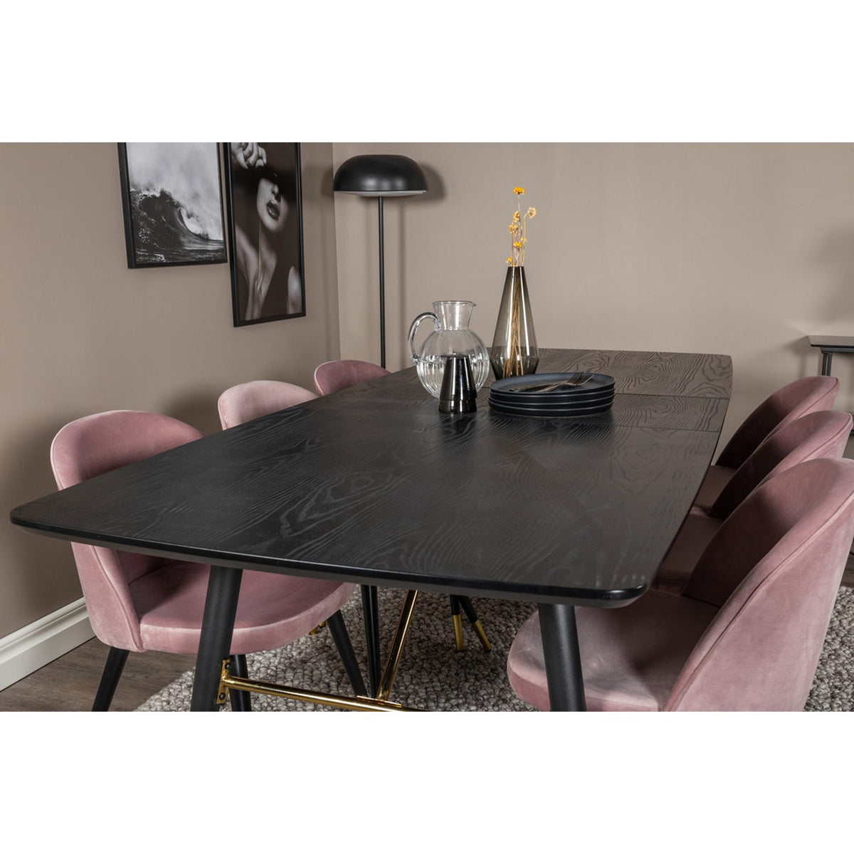 Gold, Velvet Rektangulär matgrupp Svart,Dammig rosa,Guld, Svart, 180 x 85