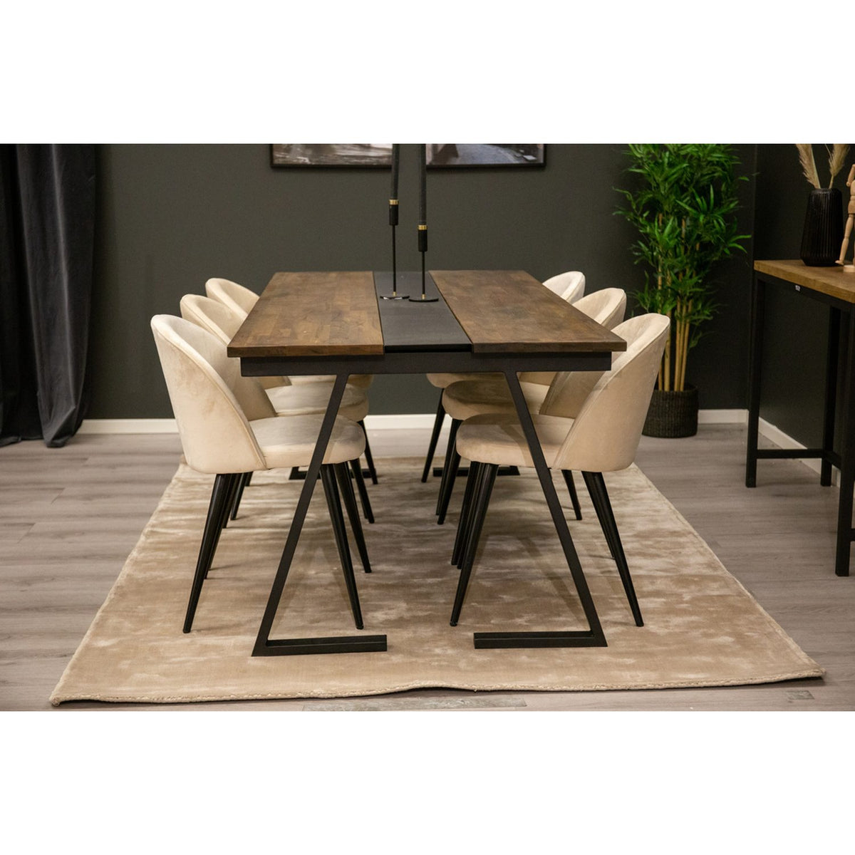 Jakarta, Sammet Rektangulär matgrupp Beige, Svart, Svart,Natur, 200 x 90