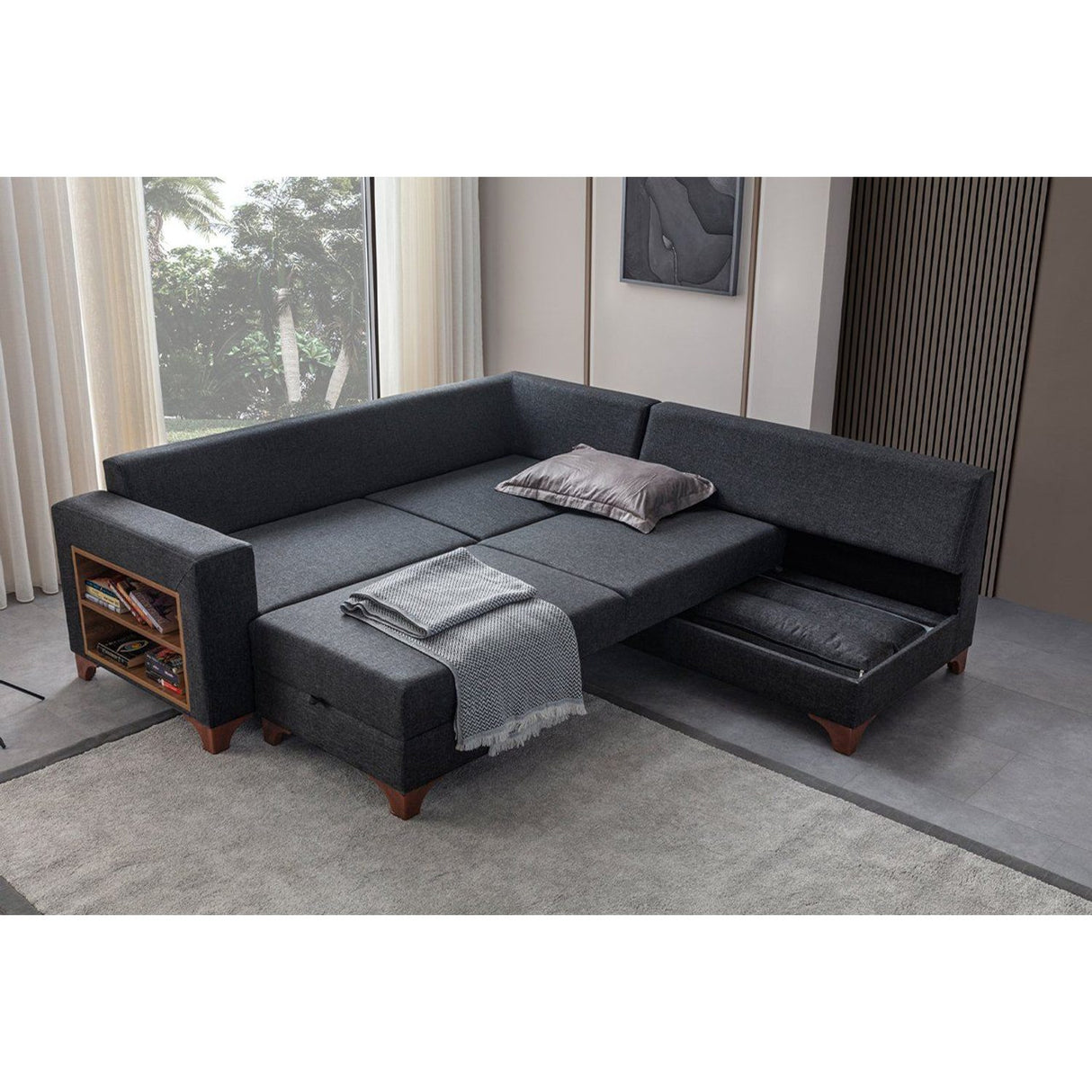 Porto (230 x 90 x 150 cm) Hörnsoffa-bäddsoffa Antracit, Vänster