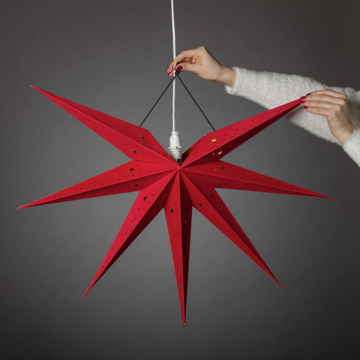 Hängande Papper Sammet med Sladdställ Prickar Julstjärna Inne Röd, 60 cm