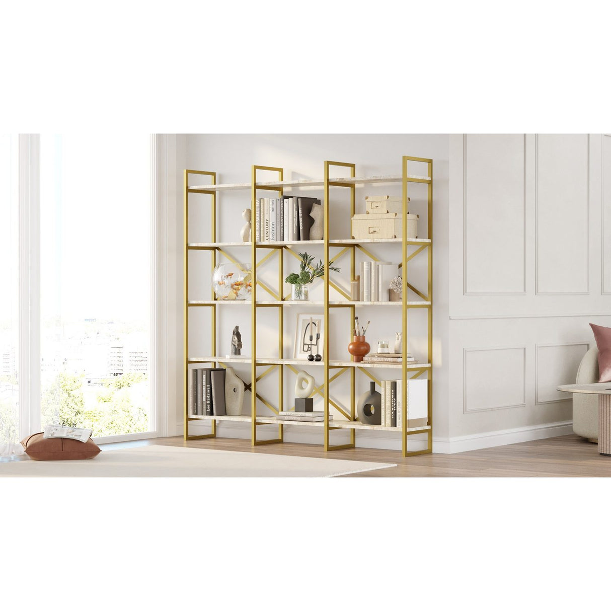 Vegio Wide (170 x 175 x 30 cm) Vit marmor guld Bokhylla