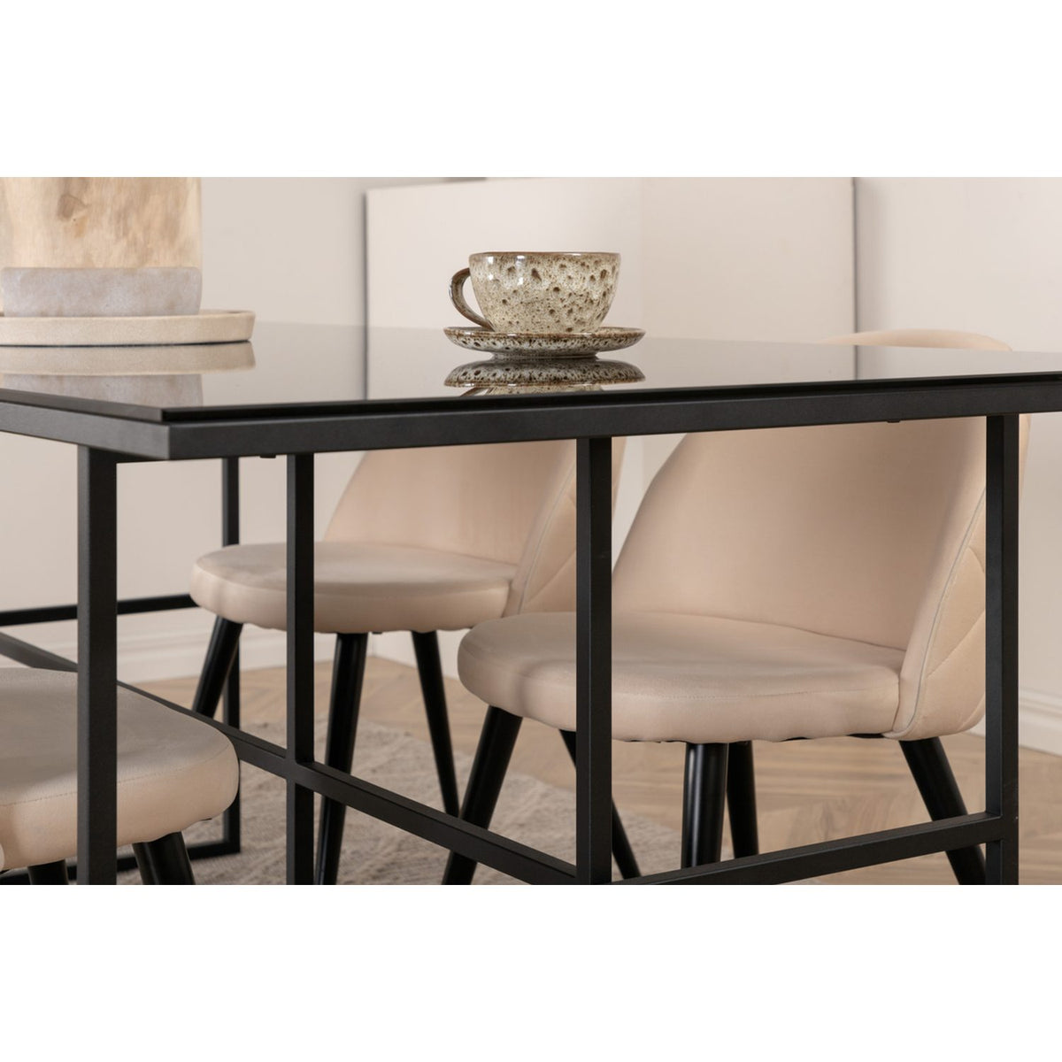 Leif, Velvet Rektangulär matgrupp Beige, Svart, Svart, 200 x 90