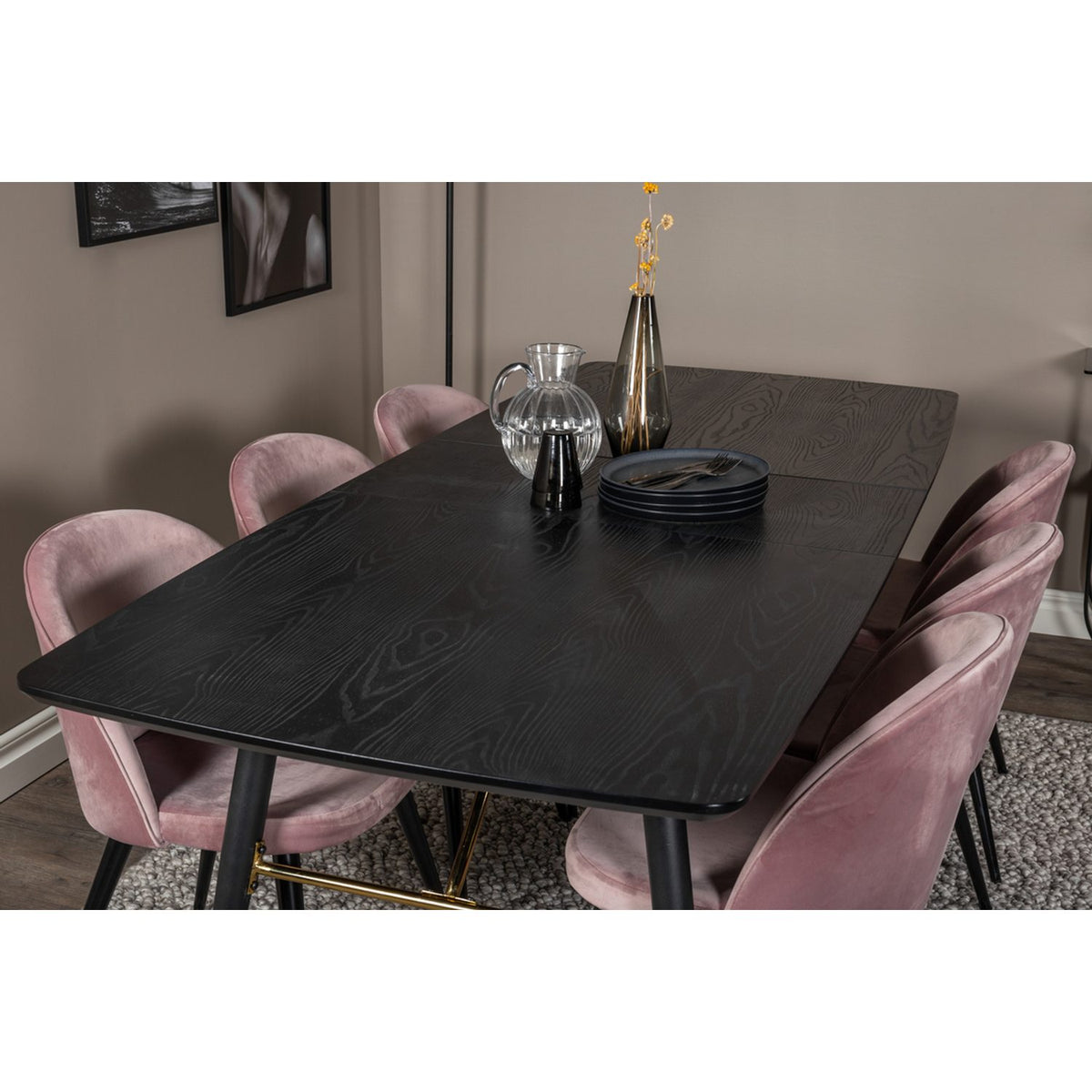 Gold, Velvet Rektangulär matgrupp Svart,Dammig rosa, Svart, 180 x 85