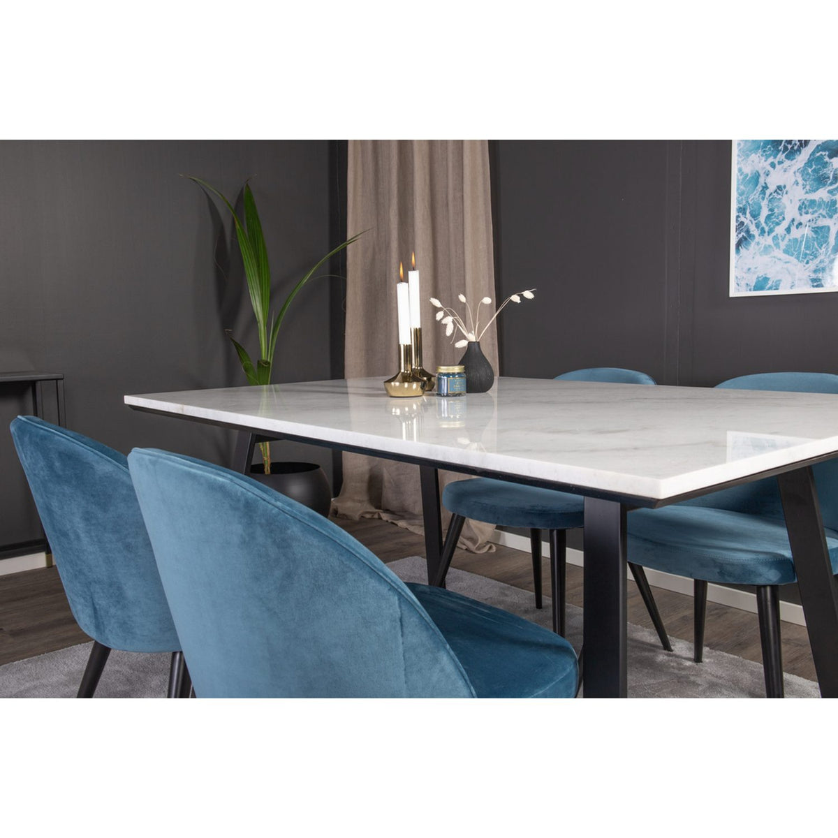 Estelle, Velvet Rektangulär matgrupp Svart,Blå, Svart, Vit, 140 x 90
