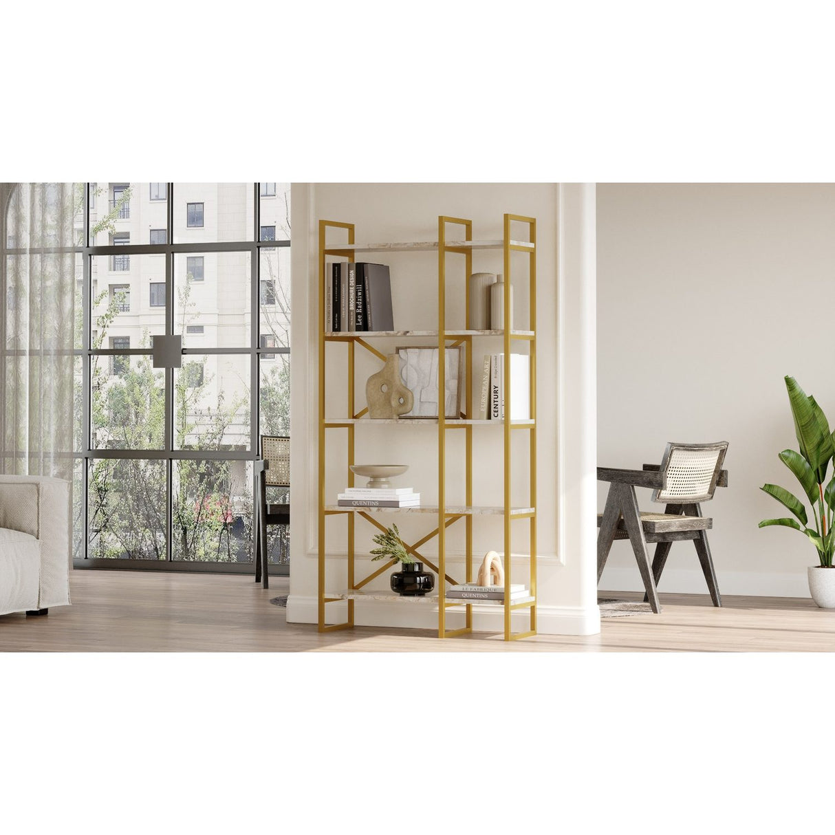 Dodoma Plus (87,5 x 175 x 30 cm) Vit marmor guld Bokhylla