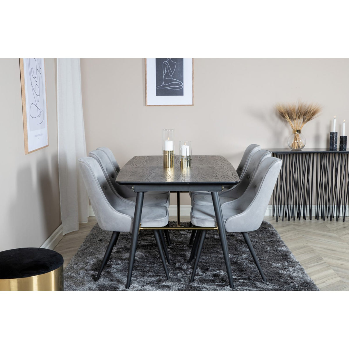 Gold, Velvet Deluxe Rektangulär matgrupp Svart,Ljusgrå, Svart, 180 x 85