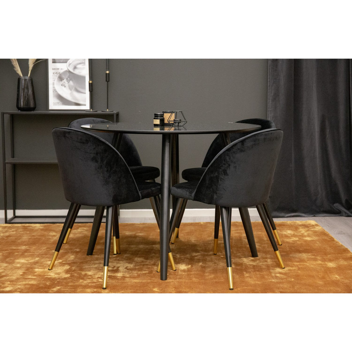 Plaza, Sammet Rund matgrupp Svart,Guld, Svart, ⌀100