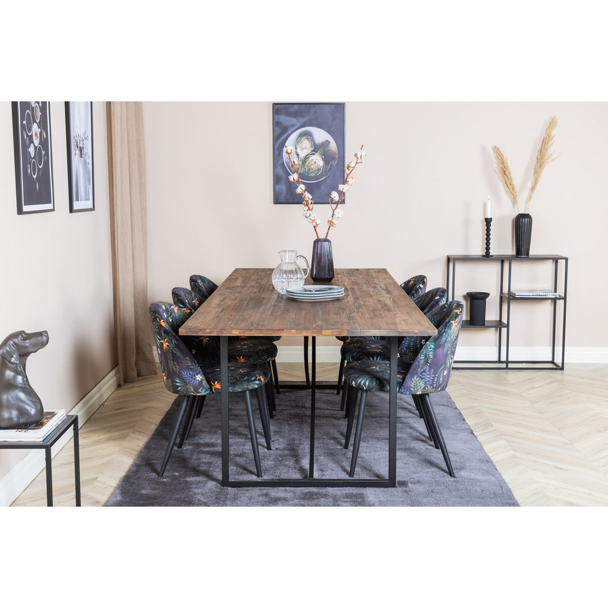 Padang, Velvet Rektangulär matgrupp Svart, Svart,Natur, 250 x 100