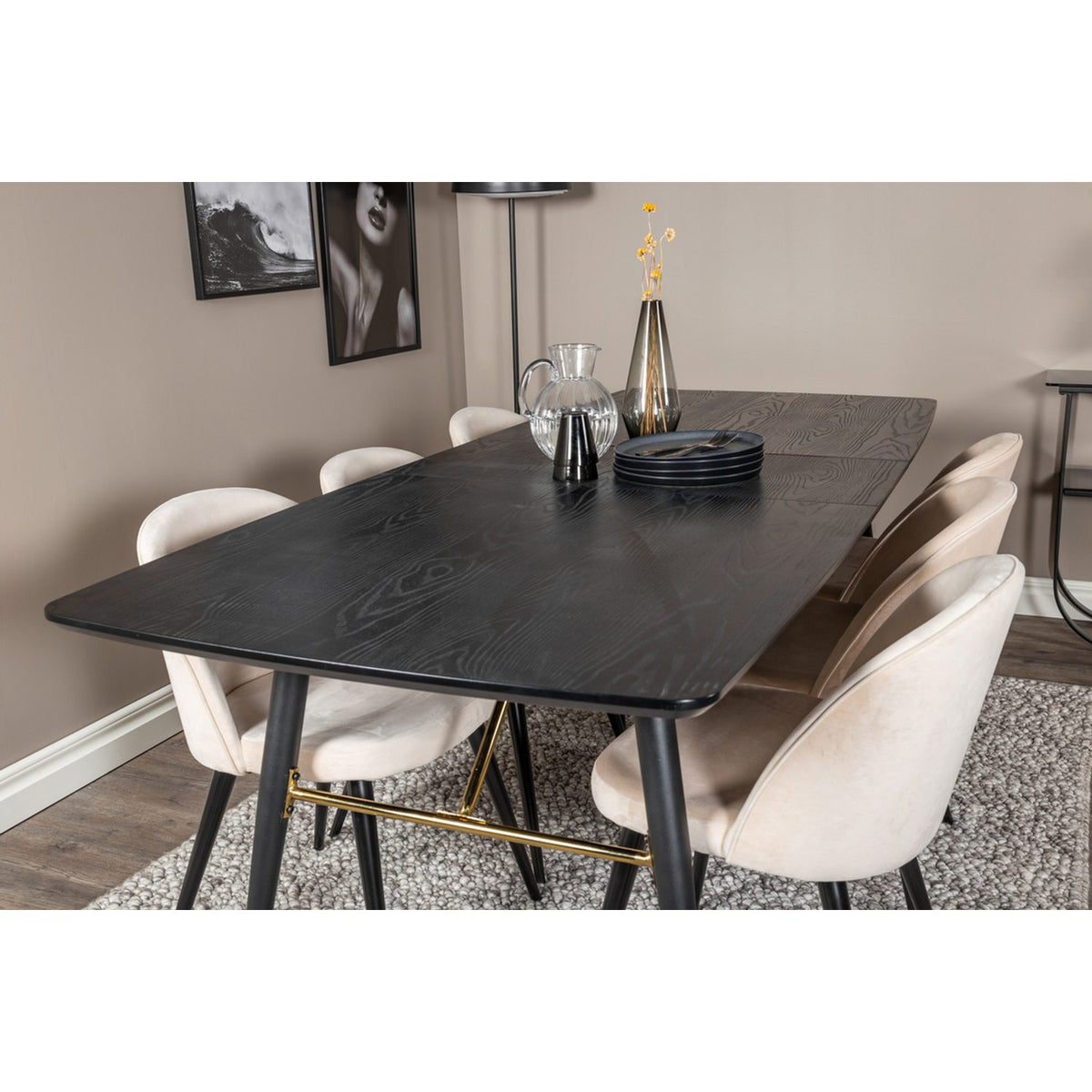 Gold, Velvet Rektangulär matgrupp Beige,svart, Svart, 180 x 85