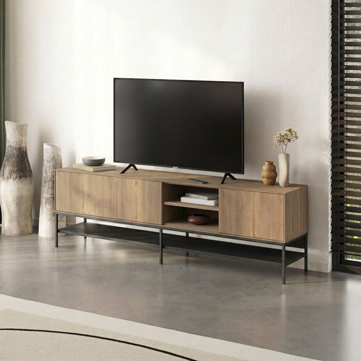 Tallinn (180 x 55 x 35 cm) TV-bänk Naturlig ekträ svart svart