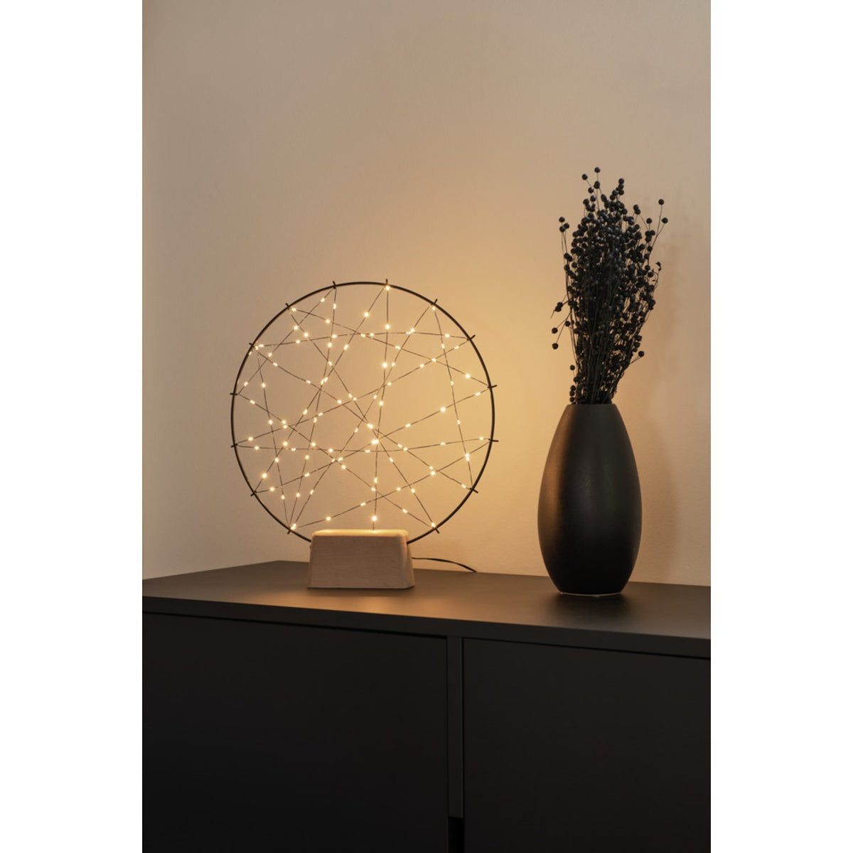 Rund Svart Metall/träbas amber micro-LED Stående Ljusdekoration Inne 100 Lampor