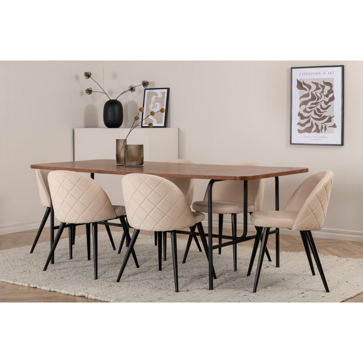 Uno, Velvet Rektangulär matgrupp Beige, Svart, Svart,Natur, 200 x 90