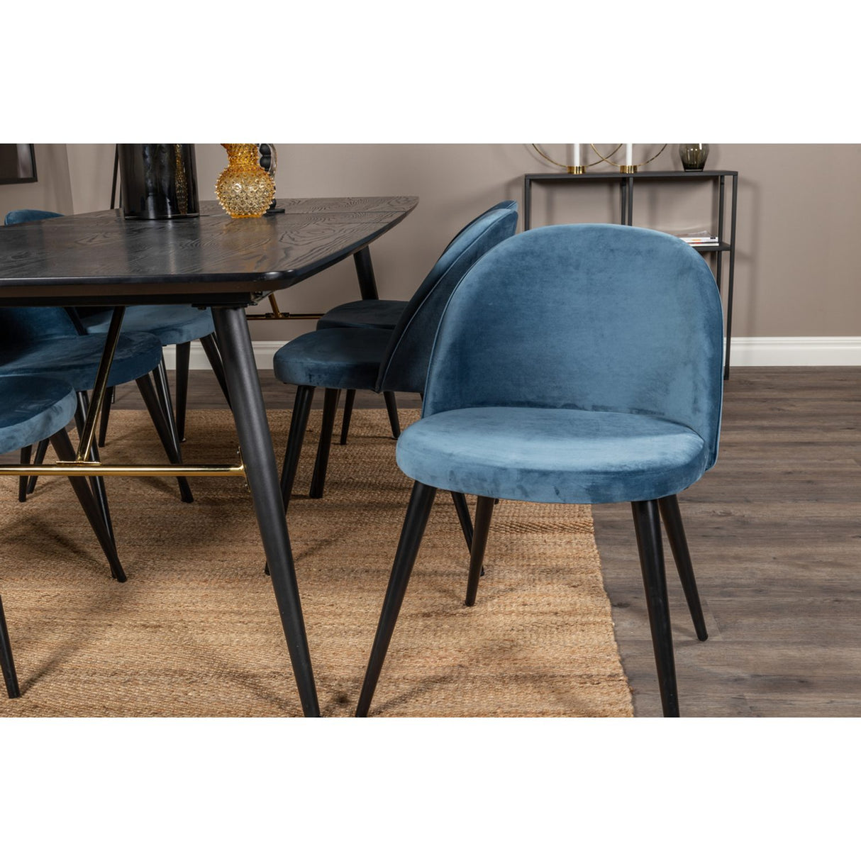 Gold, Velvet Rektangulär matgrupp Svart,Blå, Svart, 180 x 85