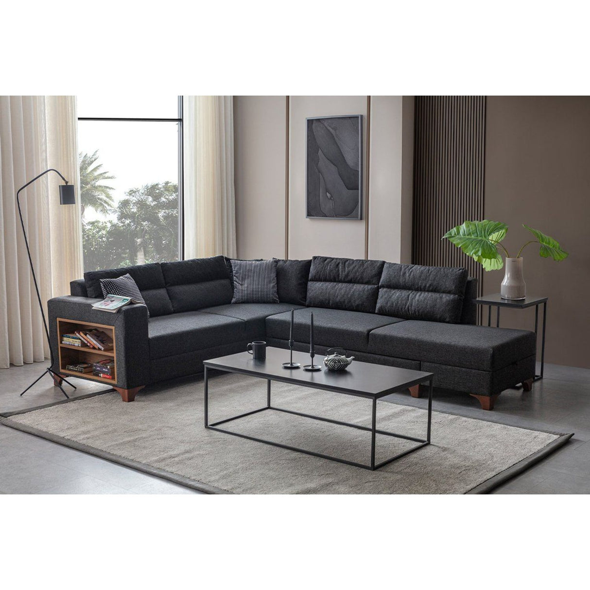 Porto (230 x 90 x 150 cm) Hörnsoffa-bäddsoffa Antracit, Vänster