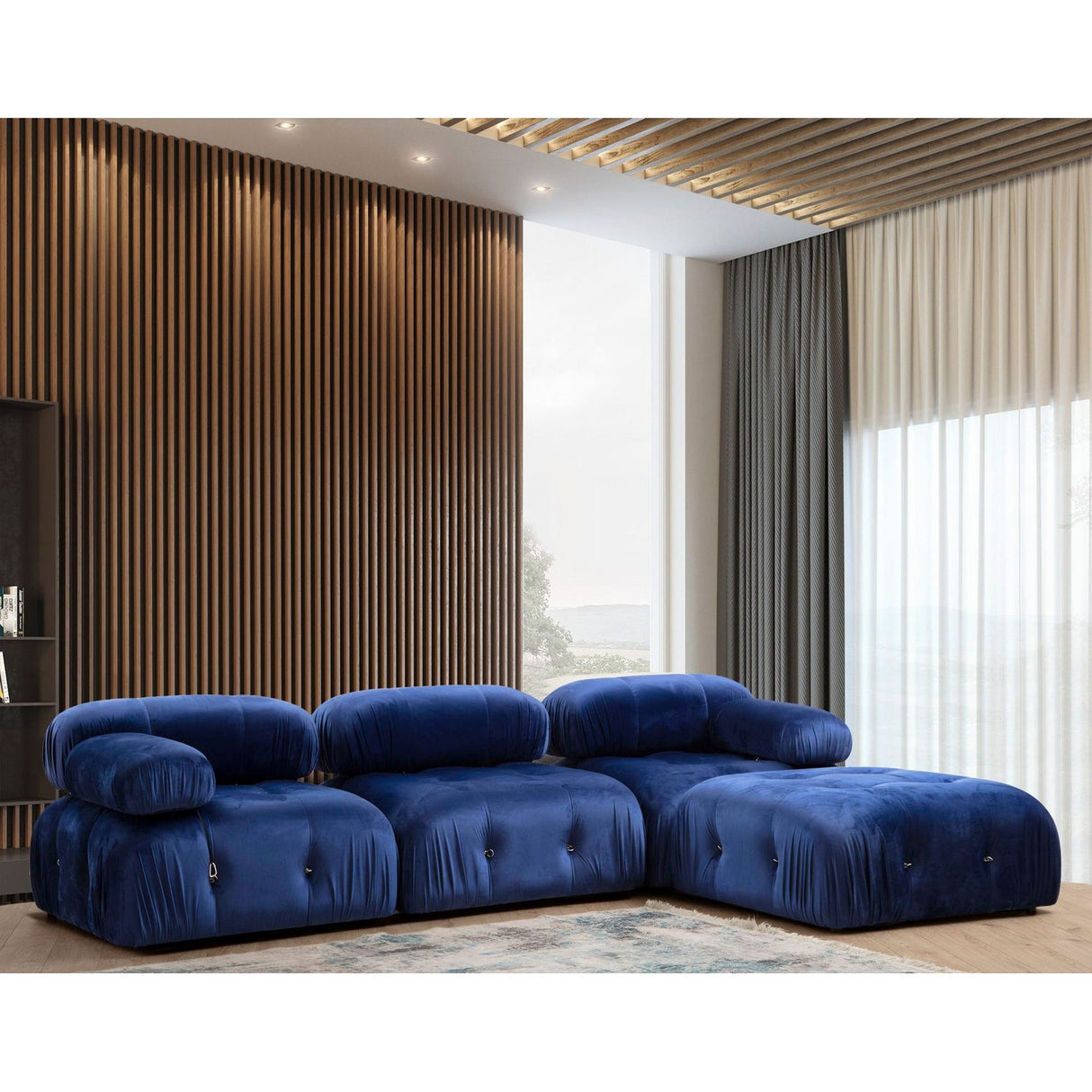 Vienna Beige L1-O1-1R-PUF (288 x 95 x 75 cm) Hörnsoffa Sammet blå