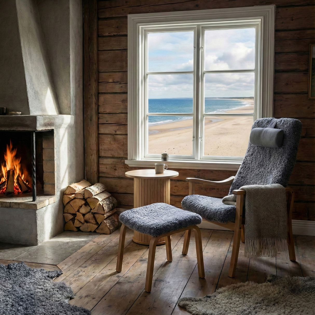 Gotland Fåtölj ink Pall Fårskinn Charcoal