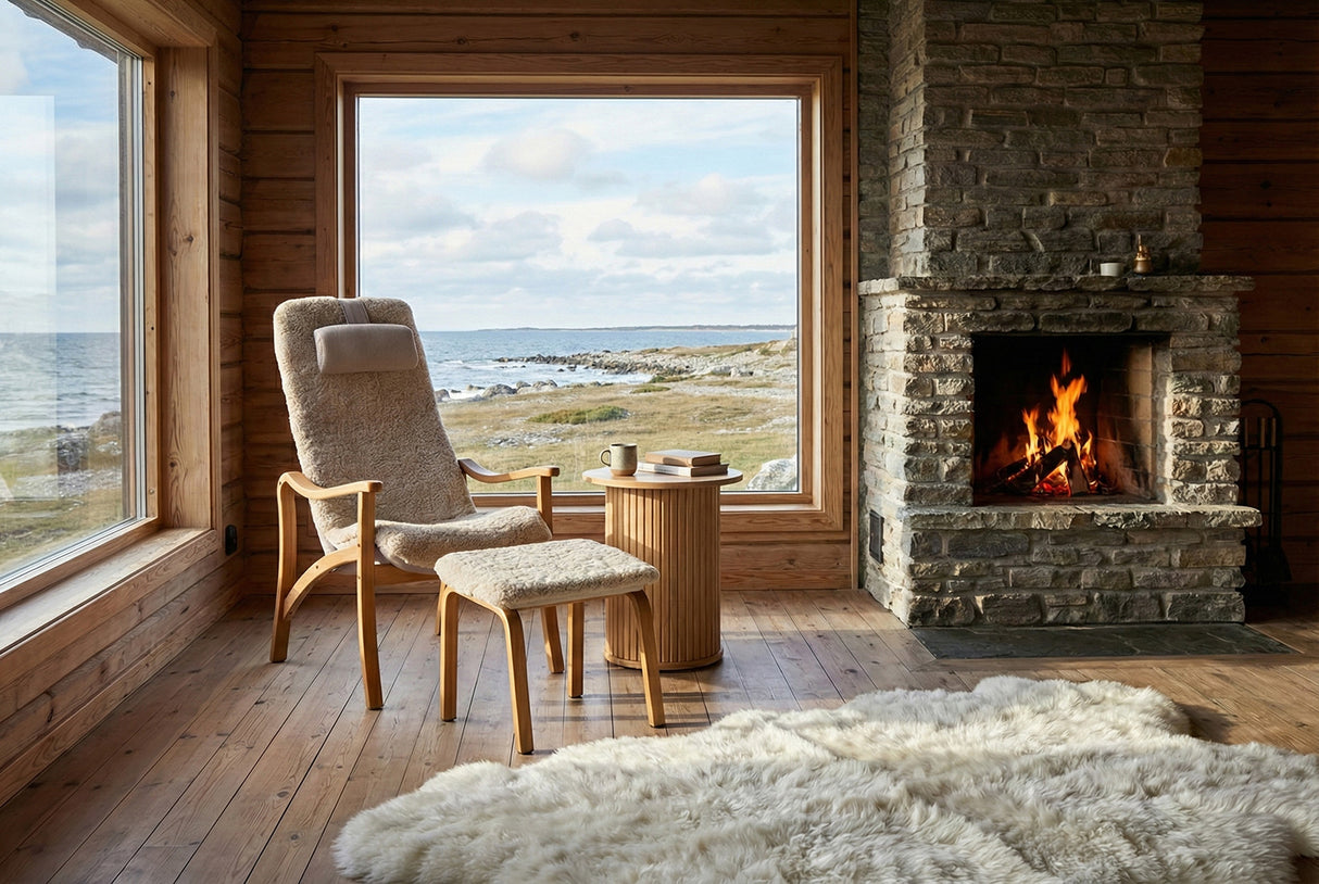 Gotland Fåtölj ink Pall Fårskinn Moonlight