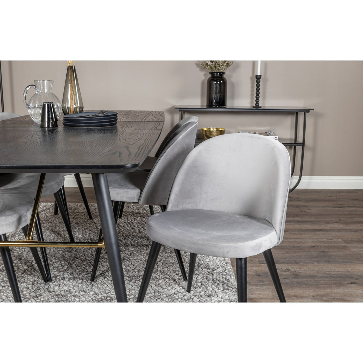Gold, Velvet Rektangulär matgrupp Svart,Grå, Svart, 180 x 85