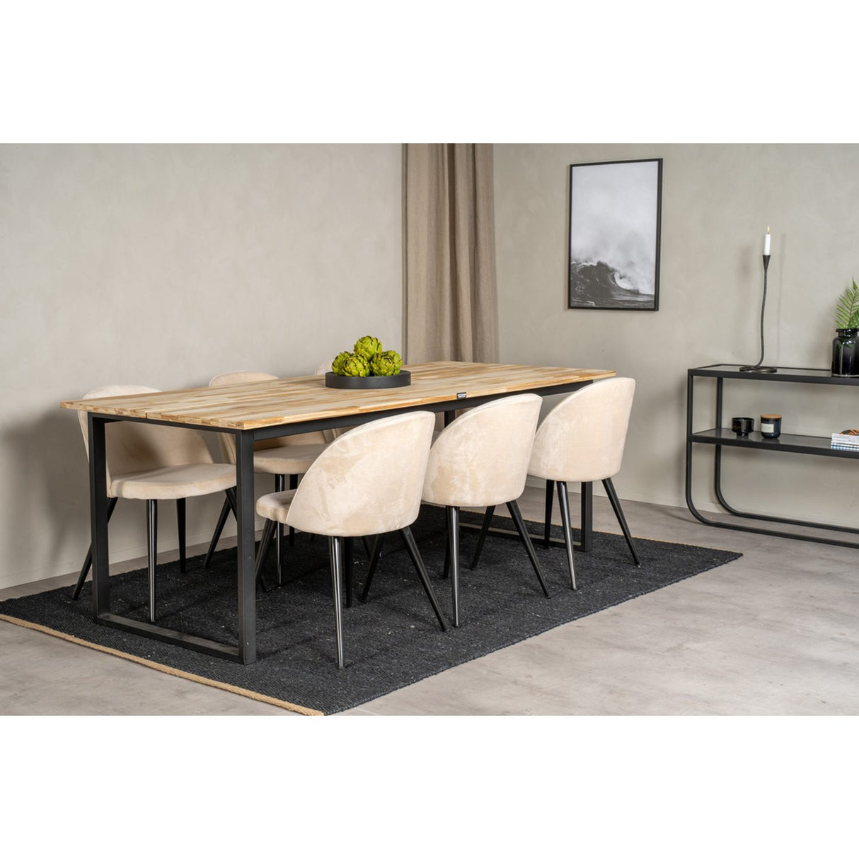 Cirebon, Velvet Rektangulär matgrupp Beige,Svart, Svart,Natur, 200 x 90